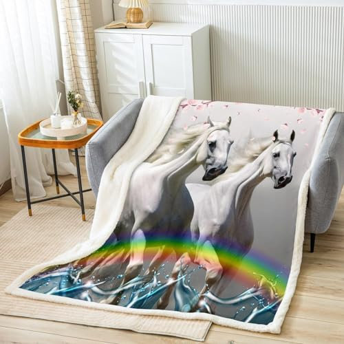 Kuscheldecke 120x150 cm 3D Weißes Pferd, Wolldecke Regenbogen Flauschige Fleecedecke, Warme Sherpa Decke Wohndecke Sofadecke, für Tagesdecke Blanket Couchdecke YY1359
