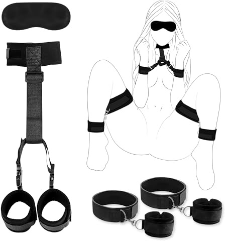 Sex Bondage Wrist & Thigh Cuffs BDSM Restraints Set,Sex Toys for Women Neck to Wrist Restraints Bondage Set,Adjustable Leg Straps Handcuffs,Handcuffs Collar,Blindfold for Bed SM Games Couple Play