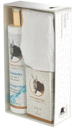 Coffret cadeau comprenant un bain moussant au lait d'ânesse, un savon au lait d'ânesse et une serviette blanche