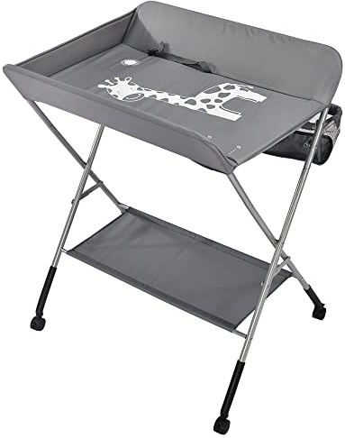 Klappbarer Wickelkommode mit Aufbewahrungskorb - Für das Neugeborene Kleidung und Windeln Wechseln - Tragbarer Wickeltisch mit 4 Räder, Höhenverstellbar, 25 kg Max (80 * 65 * 99cm, Grau)