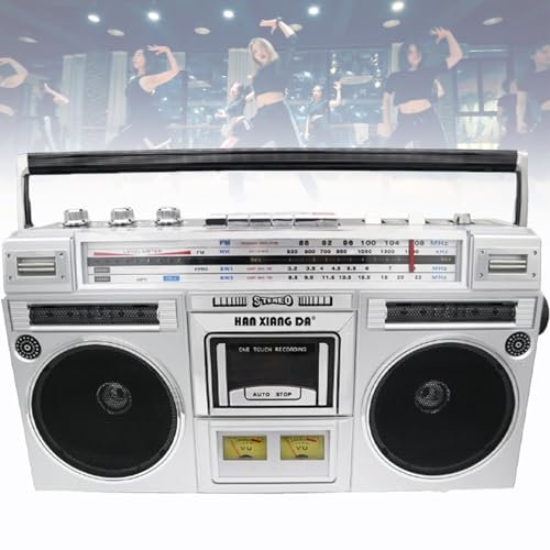 Portable Cassette Boombox, Classic 80s Style Retro CD Player Boombox, Support SD/USB Input, with AM/FM Radio, Cassette Recorder for Family Gathering Travel,Silver