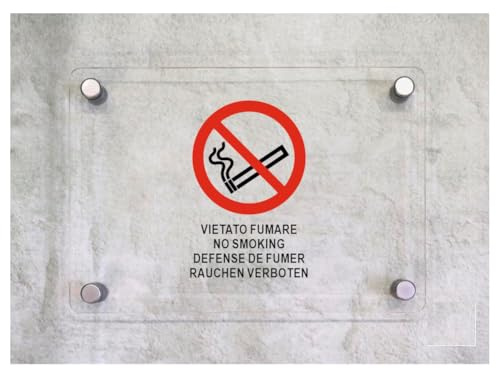 Global Targa Cartello in plexiglass - VIETATO FUMARE MULTILINGUE VERTICALE - Con Distanziali in acciaio inox, Stampa UV (15x21 cm)