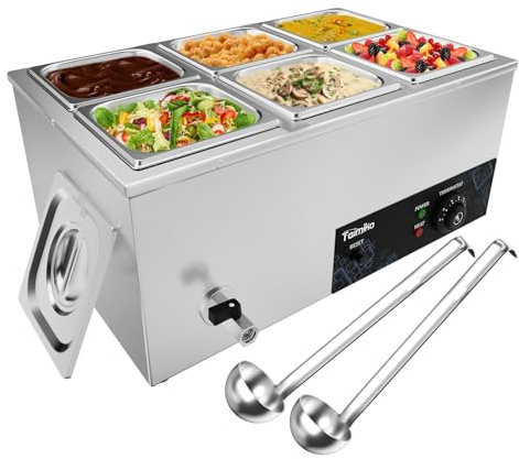 TAIMIKO Chauffe-aliments commerciaux – avec chauffe-buffet Bain Marie en acier inoxydable anti-brûlure à sec, 1500 W, plage de température de 0 à 85 °C, récipients GN 1/6 – 6 poêles de 150 mm x 6