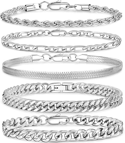 PABBEU 5 Pièces Bracelet Homme Argent, Homme Gourmette Chaîne Bracelet en Acier Inoxydable, Classique Polissage Bracelet Acier Inoxydable Homme Cadeau Fête des Pères Saint Valentin Anniersaire Noël