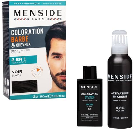 Menside - Kit de Coloration 2 en 1 Barbe & Cheveux - Crème Colorante + Rénovateur - Couvre Durablement Poils et Cheveux Gris - A l'Aloès et Santal Rouge - Noir