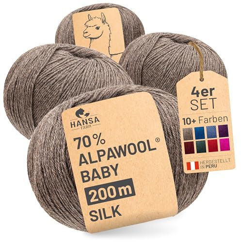 HANSA-FARM |Alpawool 70% Baby Alpaka mit 30% Seide 200g Set (4 x 50g) seidige und kratzfreie Wolle zum Stricken & Häkeln - NFA06 Braun