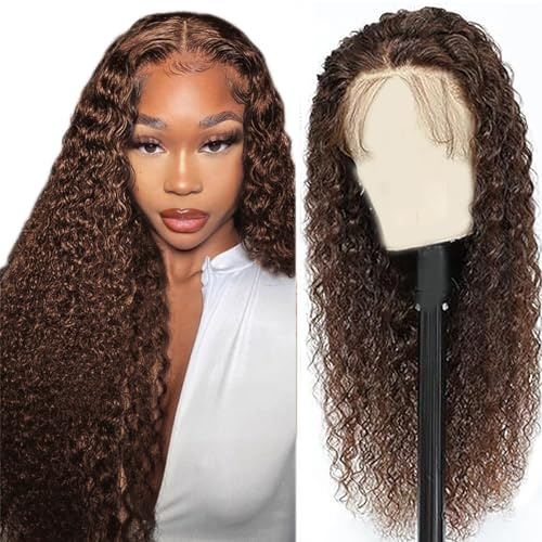 Hxxcoup Human Hair Wig Water Wave Echthaar Perücke für Damen Perücken 5X5 Lace Front #4 Chocolate Real Hair 100% Unprocessed Brazilian Virgin Hair Glueless Wear and Go for Woman 24 Zoll
