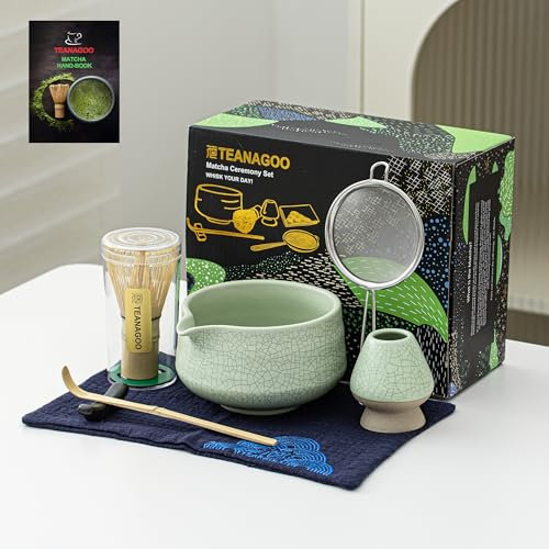 TEANAGOO Matcha Set, 7 Pcs Matcha Whisk Set, Matcha Kit for Ceremony, Matcha Tea Set for Making Breakfast/Latte, Green Matcha Bowl(Chawan) Whith Spout and Whisk, Gift for Matcha Lover