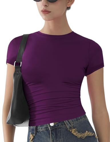 T- Shirts Femmes Basique À Manches Courtes Slim Fit Doux Crewneck Crop Y2k Tees D’été Extensible Mignon Tops Violet Foncé M