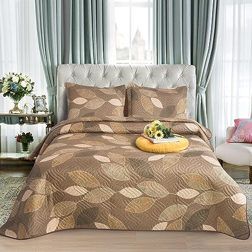 CHARKHAH 3 Piece Reversible Quilted Bedspread Set Lightweight Microfiber Patchwork Floral Quilt with 2 Pillow Shams – 30 Stylish Designs Ideal for Double & King Size Beds 220x240cm (Golden Leaves)