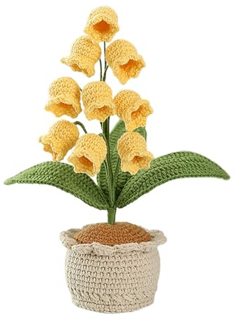 Tissting Crochet Flowers Potted Handmade Crochet Lily of the Valley Bouquet Potted Plants Knitted Artificial Forever Flowers with Pot for Home Decorations, Office Desk (E)