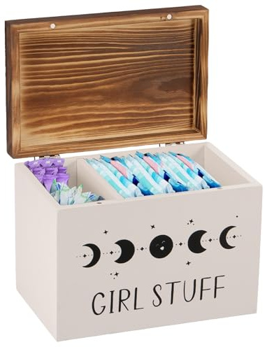 Eyoulife Tampon Box Badezimmer mit Deckel 20x13x15cm Abnehmbar Partition, Aufbewahrungsbox Holz mit Deckel, Mondphasenmuster Staubdicht Feuchtigkeitsbeständig, für Zuhause Büro Schule