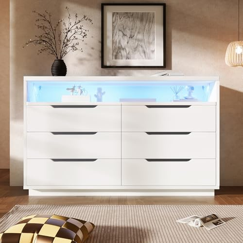 Lexiou 120 x 40 x 85 cm, credenza, comò con illuminazione a LED e 6 cassetti, vano portaoggetti con grano di marmo, armadio moderno per soggiorno e camera da letto