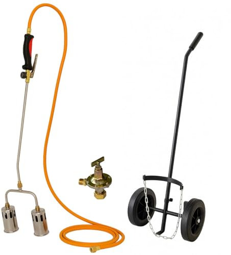 INTEC - Désherbeur thermique à gaz 2 Bruleurs Ø 60 mm Turbo Détendeur gaz 4.0 bar Tuyau 5m + Chariot de Transport INTEC