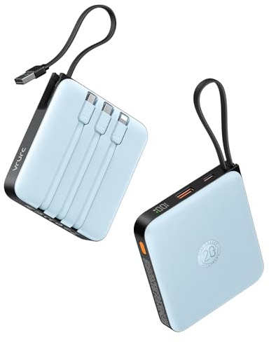 VRURC Power Bank, Powerbank 20000mAh Klein mit 4 Kabeln, 22.5W Schnellladen | Tragbares Ladegerät USB-C Externer Handy Akku mit LED-Anzeige, QC3.0 Akkupack für iPhone Huawei Samsung Smartphones