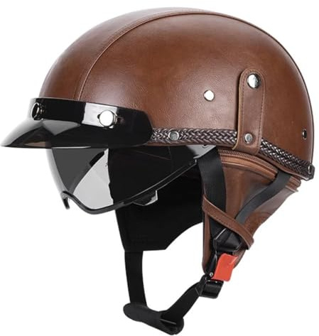 Casco Moto Retrò Stile Tedesco Pelle PU Caschi Jet E Demi-Jet Con Visiera Scooter Casco Scodella Uomo Donna Omologato ECEDOT Caschi Cromwell Casco Da Motociclista 5,M:57-58CM