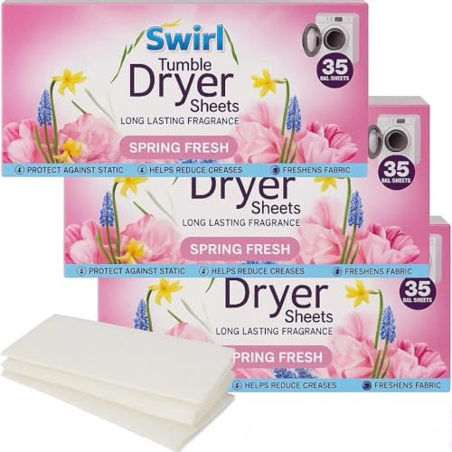 Tumble Dryer Sheets with Long Lasting Spring Fresh Fragrance, Softens Clothes In Laundry Dryer Machine, 3 Pack x Total 105 Sheets