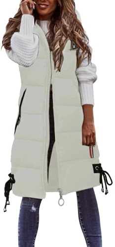 Gilet in Piumino Cappotto Lungo Invernale da Donna Gilet con Cappuccio Cappotto Senza Maniche con Tasche Giacca Trapuntato Piumino da Donna Giacca Trapuntata per Le Mezze Stagioni (Beige, XXL)