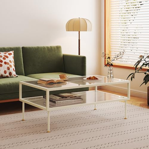 [en.casa] Mesa de Centro Lindau Rectangular Mesita de Café Mesa Auxiliar de Sofá con Estante Tablero de Vidrio Acanalado Salón Despacho 100 x 50 x 45 cm Acero - Blanco Crema