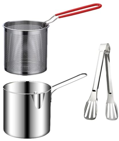 Freidora de acero inoxidable con cesta coladora y clips para alimentos, 13 x 12 cm, estilo japonés, ahorra aceite, utensilios de cocina para freír patas de pollo, patatas fritas de pescado seco