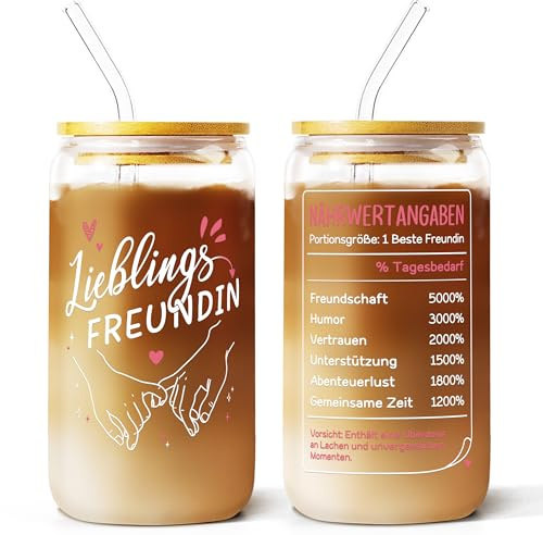 Beste Freundin Geschenk – Freundschaft Trinkglas mit Deckel & Strohhalm | Lieblingsfreundin Glas – Geschenk für Frauen, Mädchen, BFF, Geburtstag, Weihnachten & Freundschaft