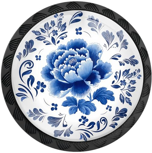 Artinhand 4 Pack Blue Peony Flower Cabinet Knobs for Kitchen Bathroom | Floral Drawer Pulls Round Black Dresser Handles Hardware for Desk Cupboard Wardrobe Closet Vanity Door Decor