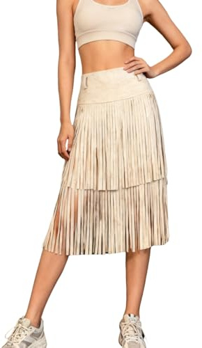 Apocrypha Womens Boho Fringe Faux Suede Trendy Casual Tassel Country Concert Western Cowgirl Skirt Apricot