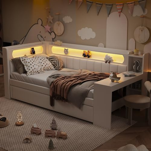ZIDEY Polsterbett Ausziehbar Schlafsofa 90x200 mit LED, USB-Anschlüssen,Schreibtisch, Tagesbett Ausziehbett mit Lattenrost, Sofabett Funktionsbett Daybett, ohne Matratze, Weiß