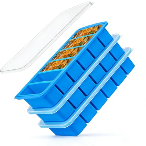 3 Pezzi Vassoio Congelatore in Silicone con Coperchio - Stampi per Contenitore del Congelatore per Zuppe - Grande Vassoio del Cubo di Ghiaccio- Rende 18 Perfetti Cubi di Porzioni (Blu)