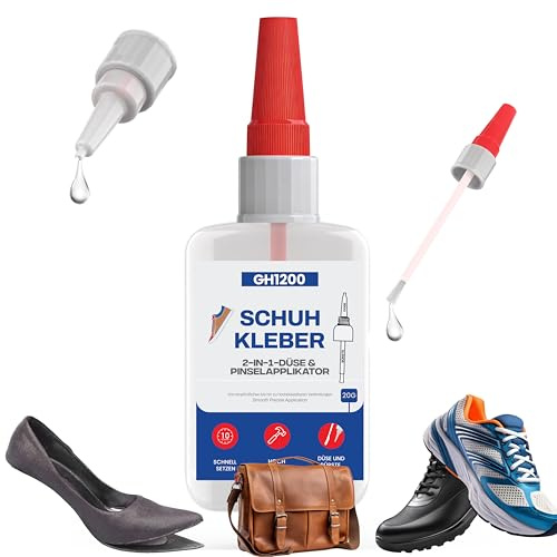 GH1200 (2-in-1 Schuhkleber Extra stark wasserfest mit Pinselapplikator und Düse, Lederkleber mit feinen Pinselborsten, repariert Stiefel, High Heels und mehr, hält extremen Bedingungen stand