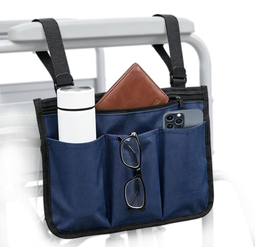 Rollstuhltasche Armlehne Wasserdicht Oxford Rollstuhlsack, 33x22cm | Rollstuhl Seitentasche Organizer mit 3 Fächern für Walker Rollator Mobility Scooter (Dunkelblau)