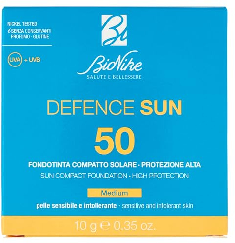 Bionike Defence Sun - Fondotinta Compatto Solare, SPF 50, Colore n.2 Medium, Protezione UVB e UVA, Effetto Matte Naturale, Uniforma la Pelle e Minimizza le Imperfezioni, Resistente al Sudore, 10 gr