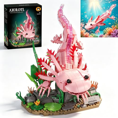 998Pcs Axolotl Building Blocks Set, Posable Joints Amphibian Model Kit | Marine Animal Building Kits with Underwater Landscape Base STEM Toy Gifts for Adults Boys Girls 8+ Perfect Desk Decor