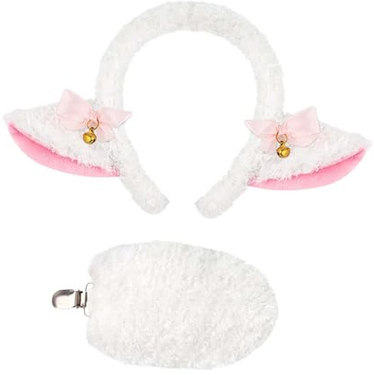 FytStycale Schaf Stirnband mit Ohren Und Schwanz Haarband Kostüm Accessoire mit Glöckchen Und Schleife Aus Weichem Plüsch für Mädchen Frauen Rollenspiel Karneval, Weiß