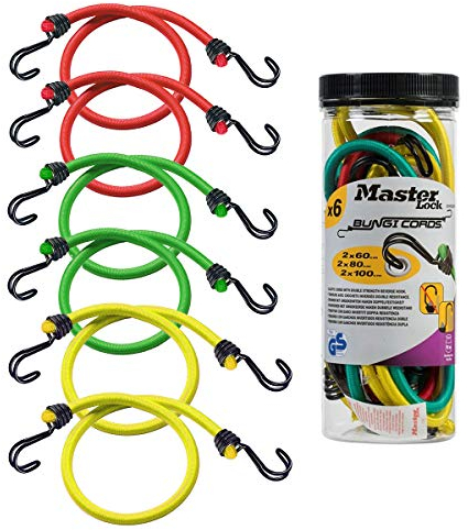 MASTER LOCK Bungees with Hooks [Set of 6 Bungee Cords] [2 * 60 cm + 2 * 80 cm + 2 * 100 cm] [Double Reverse Hook] 3040EURDAT - Ideal for Transporting, Packing and Securing Loads