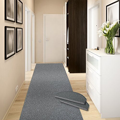 casa pura Teppich Läufer Ponto | für Küche, Flur und Schlafzimmer | Meterware | Qualität aus Deutschland | in vielen Größen | stahlgrau | 80x275 cm