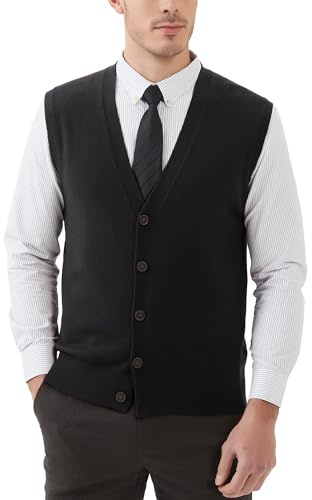 Kallspin Men's Cashmere WoolKnitted Gilets V Neck Sweater Vest Sleeveless Cardigan with Button (Black, XL)