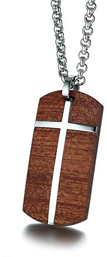 VNOX Herren Handgefertigte Edelstahl Koa Holz Hundemarke Anhänger Halskette Armband Schlüsselanhänger Manschettenknöpfe Hochglanz, Kostenlose Rolo Kette, Kostenlose Gravur