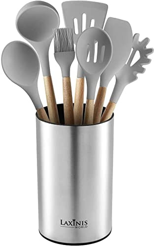 Laxinis World Stainless Steel Kitchen Utensil Holder, Kitchen Caddy, Utensil Organizer, Round Shape Utensils Crock, 7 by 4.3 (utensils not included)