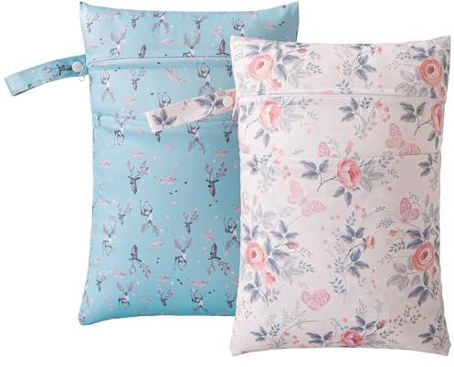 HBselect 2 Stück Nasstasche Wetbag Kindergarten wiederverwendbar Wet Dry Bag Windeltasche Nassbeutel Personalisiert for Baby Blumen&Hirsch