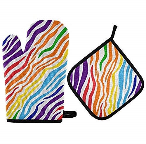 Oven Gloves and Pot Holders Set Rainbow Zebra Oven Mitts Heat Resistant to 400 F Kitchen Non-Slip Grip Oven Gloves for Microwave BBQ Cooking Baking Grilling