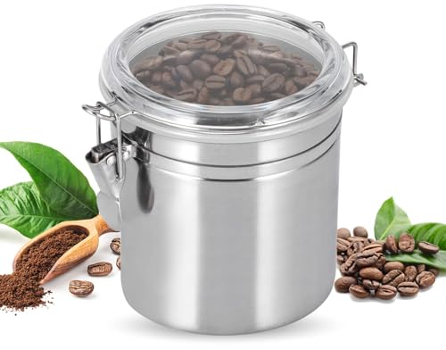 Barattolo Caffè Ermetico, Barattoli Ermetici con Chiusura a Clip, Barattolo ermetico in acciaio inossidabile con coperchio trasparente e clip di fissaggio, Barattoli Rotondi in Acciaio per Farina