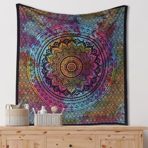 THE ART BOX Indie Wandteppich Baumwolle Mandala Wandbehang Deko Teppich Aesthetic Room Decor Dekoration Wandtuch/Strandtuch Wohnzimmer Indische Tücher Schlafzimmer Deko, Regenbogen,135x150 Cm