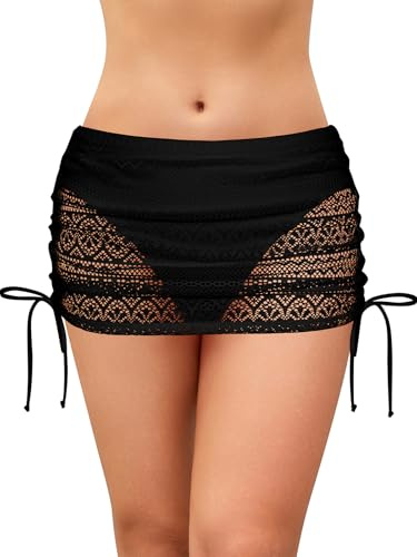 SHEKINI Gonna da Bagno Donna in Pizzo con Slip Interno Pantaloni da Bagno da Spiaggia Coulisse Regolabile Cutout Trasparente Gonna Corta a Vita Alta Bikini Fondo(XL,A-Nero.)