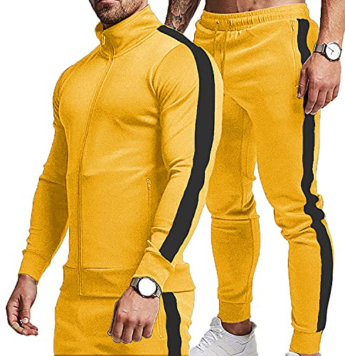 Tuta da uomo casual attiva completa zip sportiva tuta da jogging set atletica corsa 2 pezzi tuta con tasche con zip, giallo + nero, XX-Large