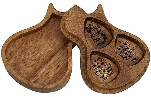 Gitarren-Pick-Box-Halter mit 3-teiligen hölzernen Plektren Multifuction Akazien-Aufbewahrungsbox für Vater, Ehemann, Freund, Sohn, Freunde