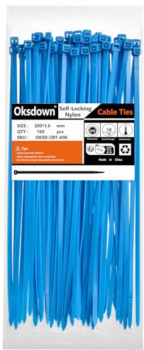 Oksdown 100 Pack Blue Plastic Cable Ties 200mm×3.6mm Heavy Duty Nylon Garden Zip Tie Multi Purpose Premium 8 inch/20 cm Tie Wraps