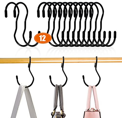 WEKIWGOT 12 Stück S Haken Edelstahl Metall, Schwarz Schwermetall Haken für Handtaschen, Taschen, Gürteln, Schals, Hüten, Kleidung, 46mm S-Förmige Haken für Küche, Garderobe, Sparen Sie Viel Platz