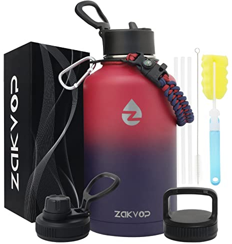 ZAKVOP Gourde Isotherme 2l,Bouteille Isotherme avec Pailles et 3 Couvercles