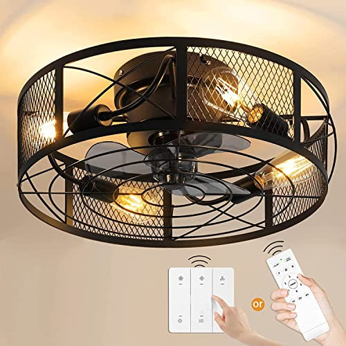 Ventilatori Da Soffitto Silenziosa Con Illuminazione e Telecomando Plafoniera Gabbia in Retrò Fan Ceiling light industrial Vintage Ventilatore da Soffitto con Luce (D 50 * 50 * 20cm E27)